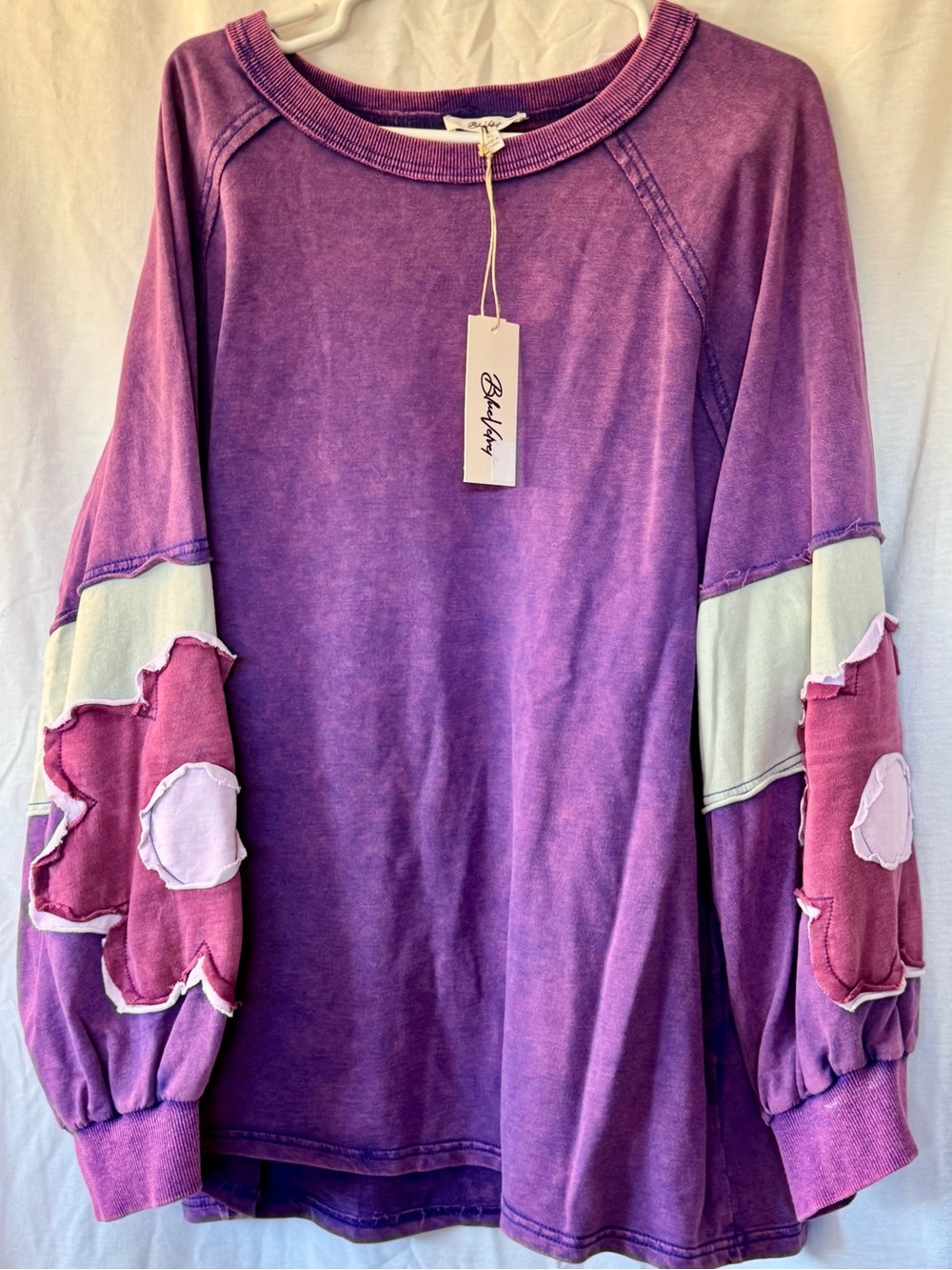 NWT Blue Velvet Purple Boho Mineral Wash & Flower Applique Top XL